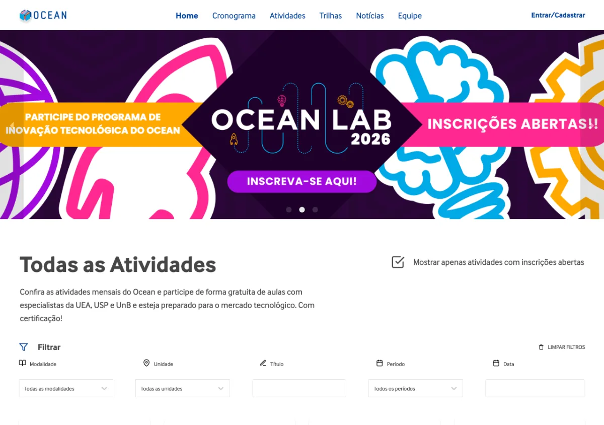 Página inicial do Samsung Ocean, com o banner do Ocean Lab 2026 e a lista de atividades