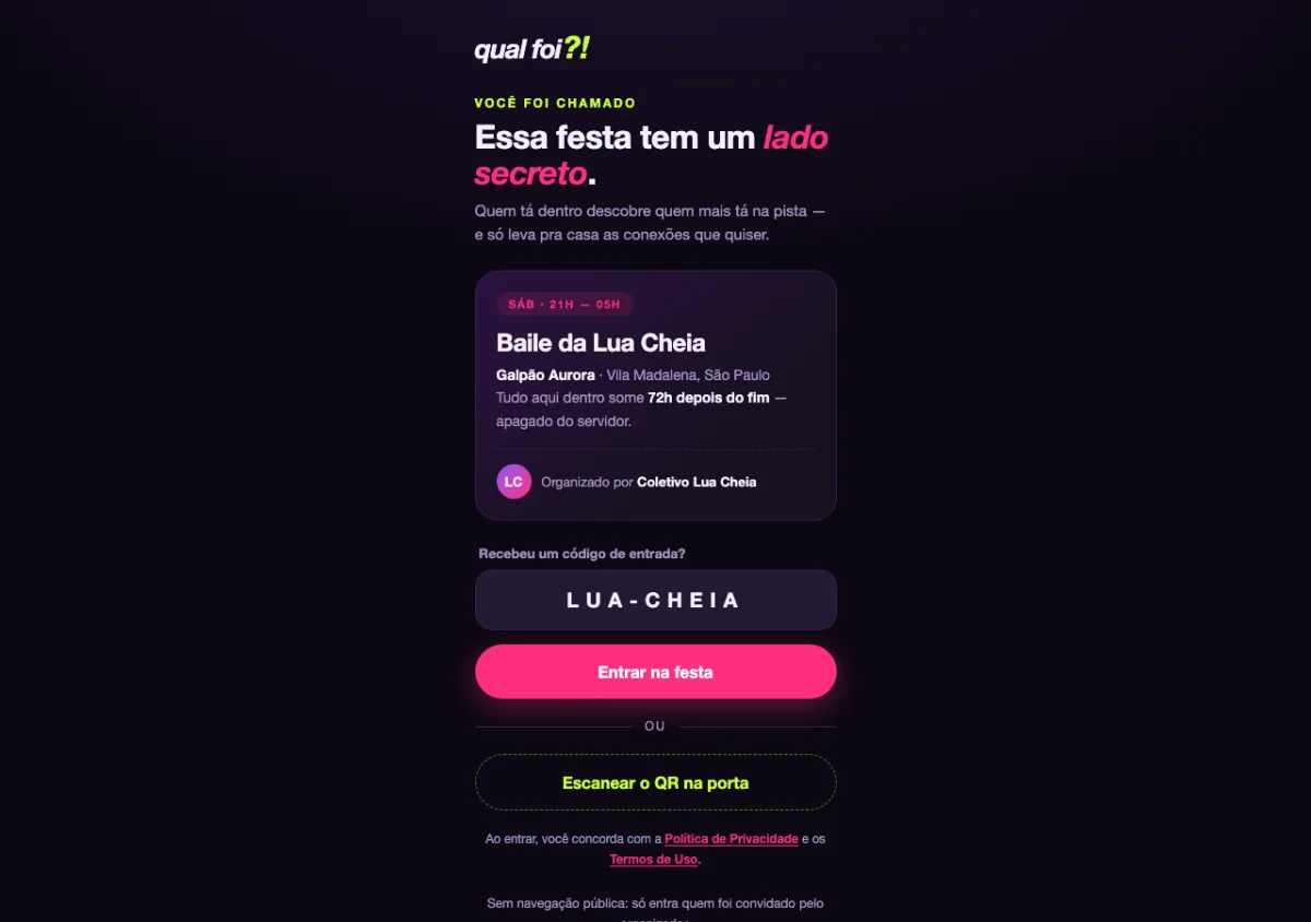 Tela de entrada do Qual Foi?!, com código de convite e leitura de QR na porta