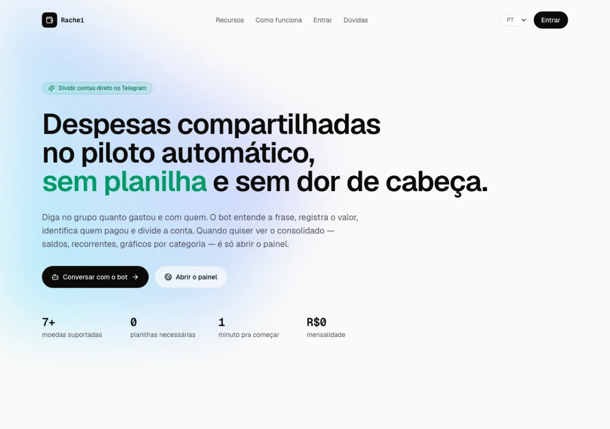 Página inicial do Rachei, sobre dividir despesas compartilhadas pelo Telegram